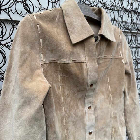 Y2K Wet Seal Suede Real Leather Patchwork Pearl Amber Snap Long Sleeve Shirt XS - Picture 2 of 10